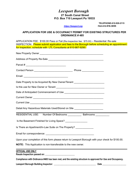 First page of the Existing Structure Use and Occupancy Permit Application