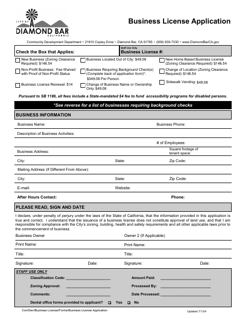 First page of the Business License Application for Commercial Locations