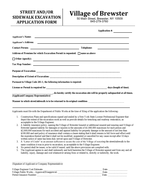 First page of the Street And/Or Sidewalk Excavation Application Form