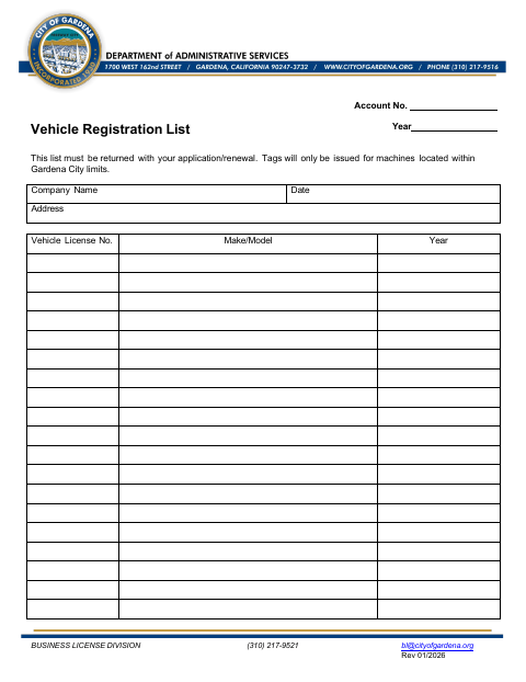 First page of the Vehicle Registration List Form