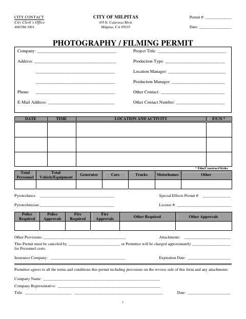 First page of the Photography / Filming Permit