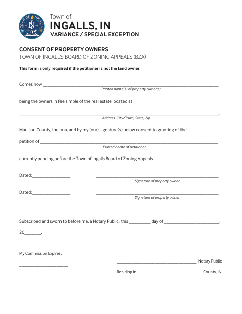 First page of the Variance or Special Exception Consent of Property Owners