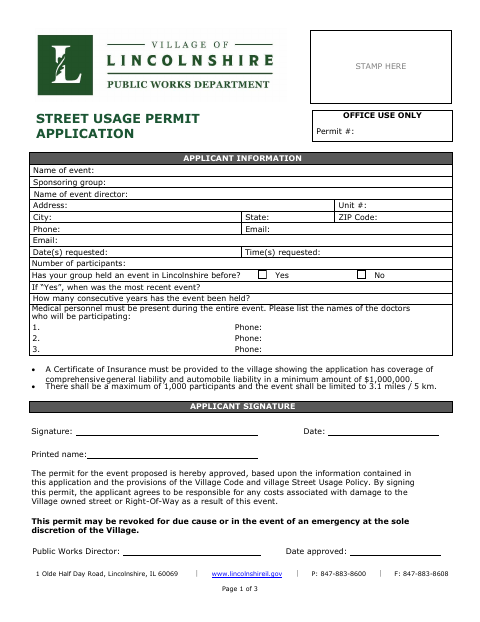 First page of the Street Usage Permit Application