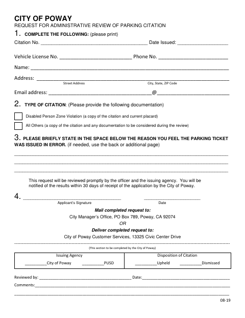 First page of the Request for Administrative Review of Parking Citation