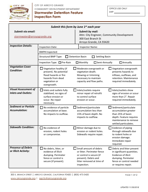First page of the Stormwater Detention Feature Inspection Form