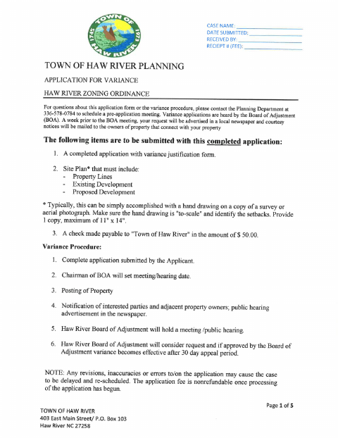 First page of the Variance Application