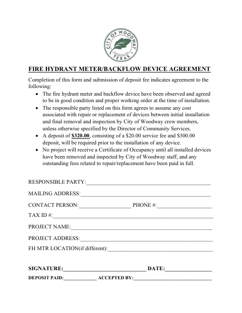 First page of the Fire Hydrant Meter/Backflow Device Agreement