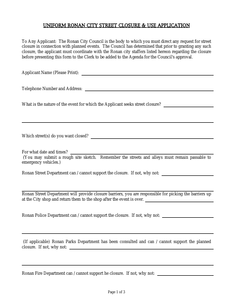 First page of the Uniform Ronan City Street Closure & Use Application