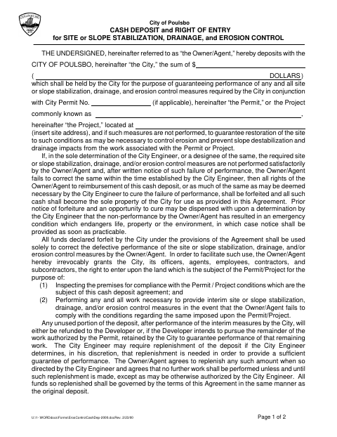 First page of the Cash Deposit and Right of Entry for Site or Slope Stabilization, Drainage, and Erosion Control