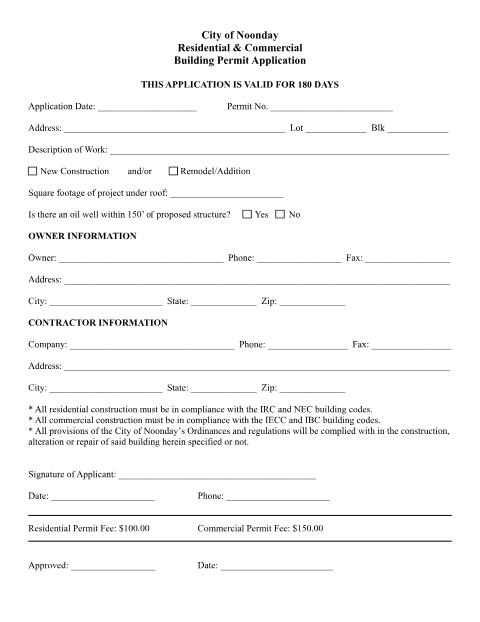 First page of the Residential & Commercial Building Permit Application