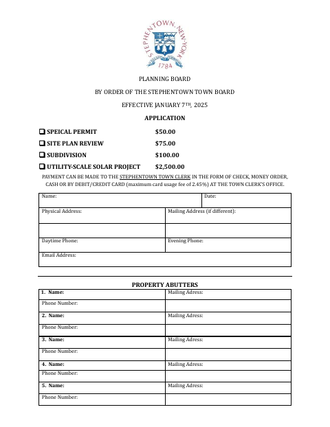 First page of the Planning Board Application