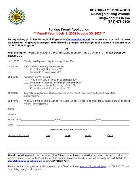 First page of the Park & Ride Parking Permit Application