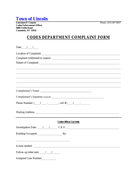 First page of the Codes Department Complaint Form