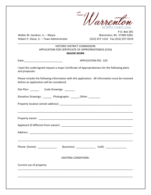 First page of the Historic District Commission Application for Certificate of Appropriateness Major Work