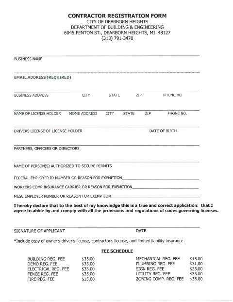 First page of the Contractor Registration Form