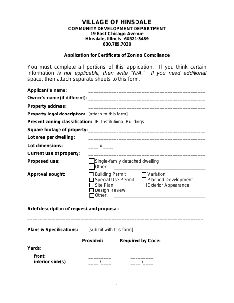 First page of the Application for Certificate of Zoning Compliance
