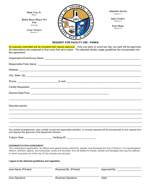 First page of the Request for Facility Use – Parks