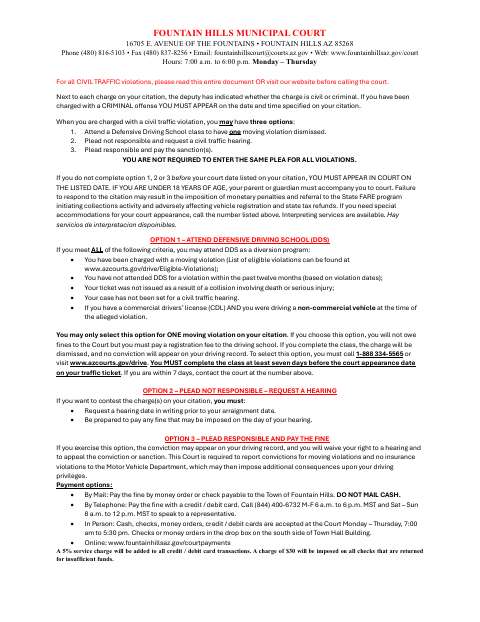 First page of the Civil Traffic Responsible Plea Card