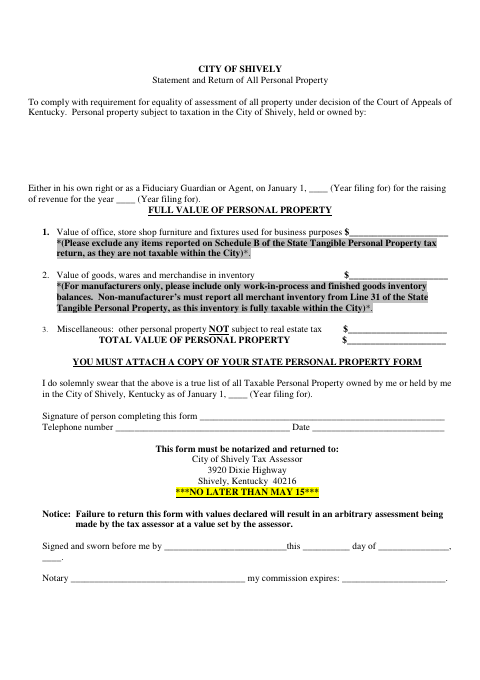 First page of the Statement and Return of All Personal Property