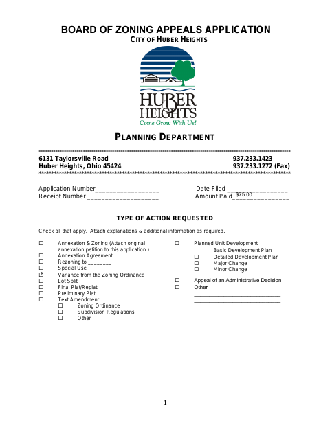 First page of the Board of Zoning Appeals Application
