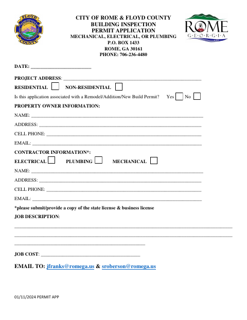First page of the Mechanical, Electrical, or Plumbing Permit Application