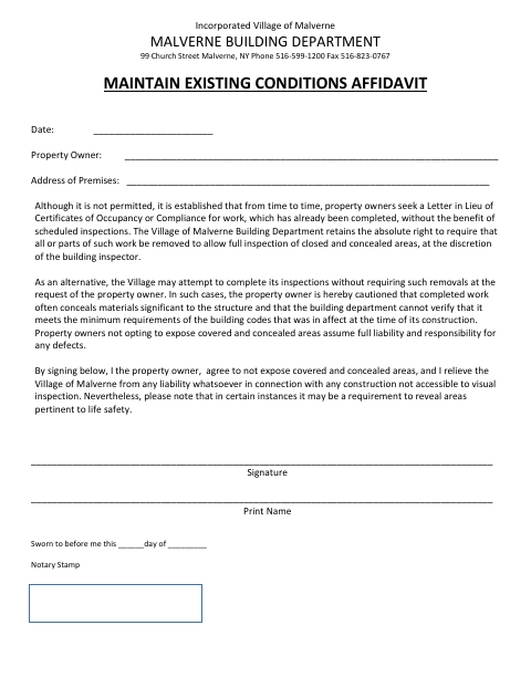 First page of the Maintain Existing Conditions Affidavit