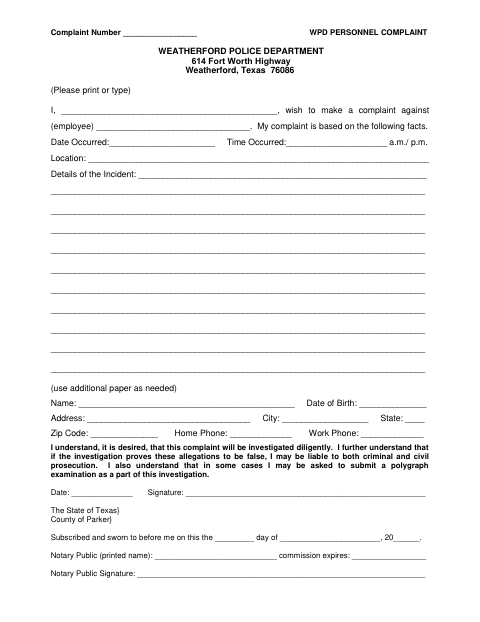 First page of the Police Personnel Complaint