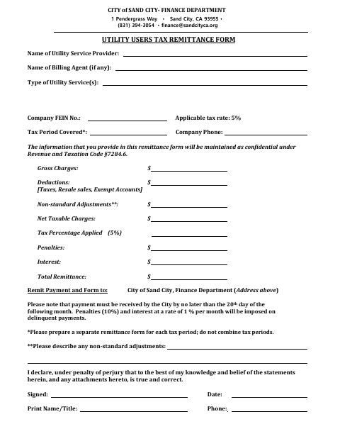First page of the Utility Users Tax Remittance Form