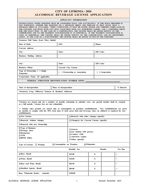 First page of the Alcoholic Beverage License Application