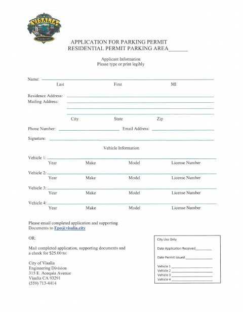 First page of the Residential Parking Permit Application