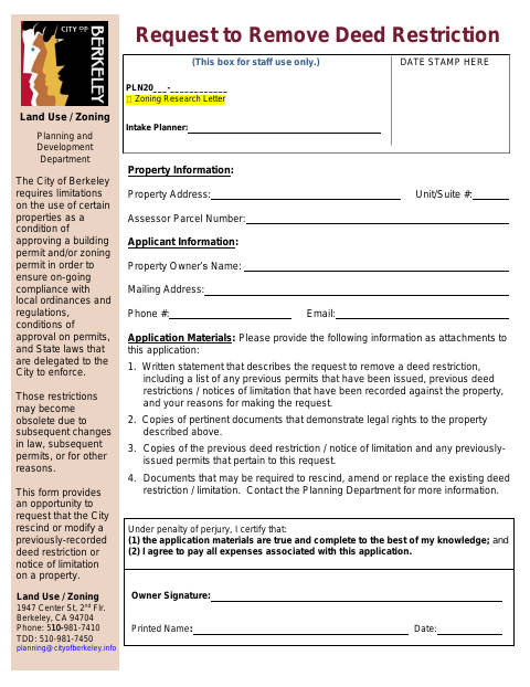 First page of the Application to Remove Deed Restriction