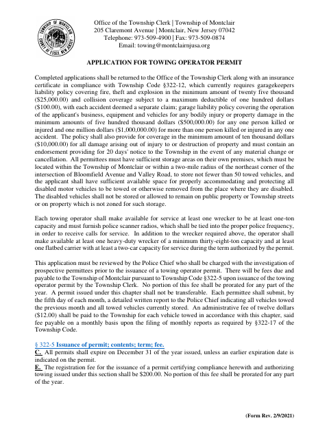First page of the Towing Operator Permit Application