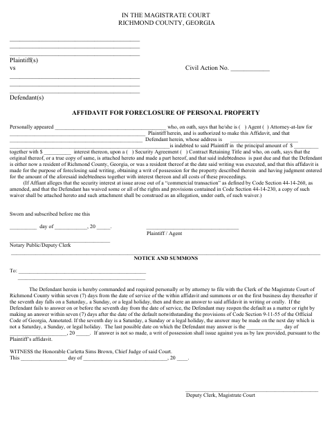 First page of the Affidavit for Foreclosure of Personal Property