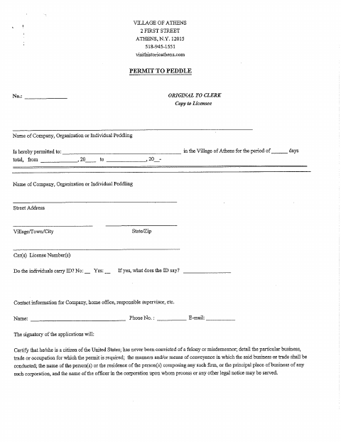 First page of the Permit to Peddle Application