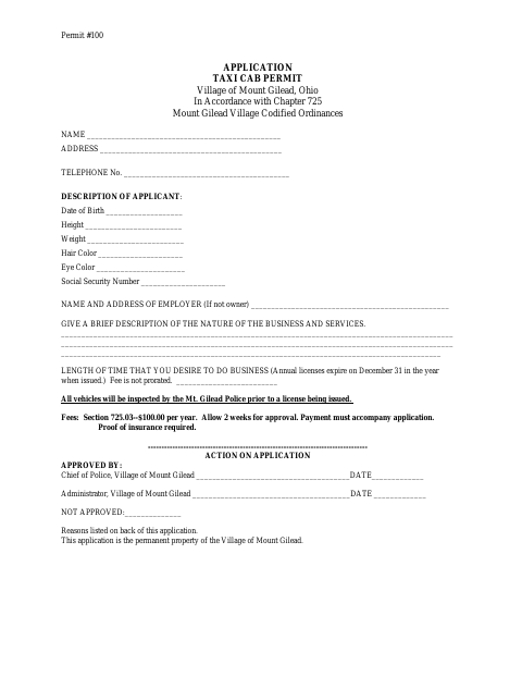 First page of the Taxi Cab Permit Application