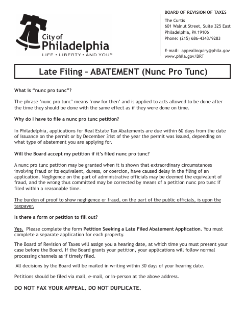 First page of the Petition Seeking a Late Filed Abatement Application (Nunc Pro Tunc)