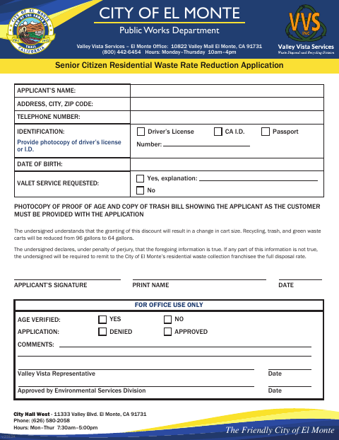 First page of the Senior Citizen Residential Waste Rate Reduction Application