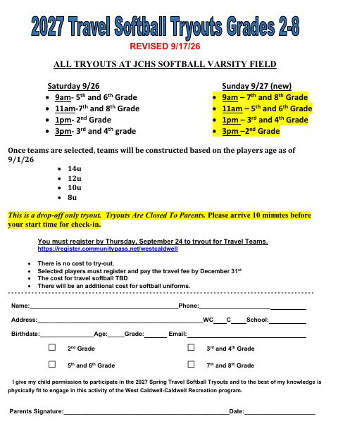 First page of the Travel Softball Tryout Registration