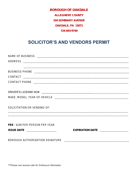 First page of the Solicitor's and Vendors Permit
