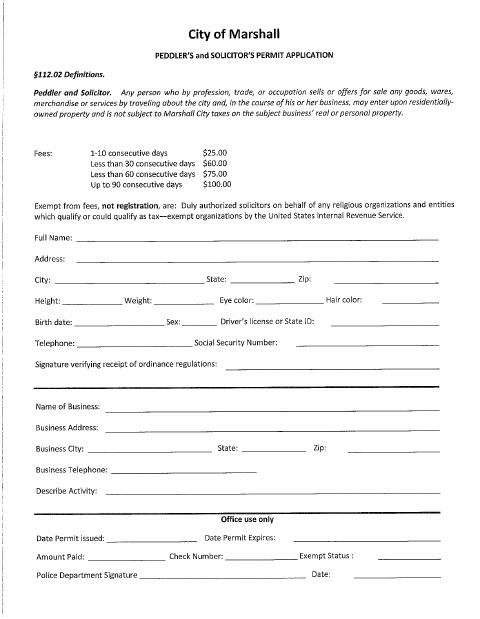 First page of the Peddler and Solicitor Permit Application