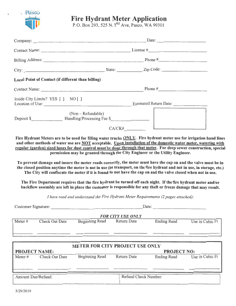 First page of the Fire Hydrant Meter Application