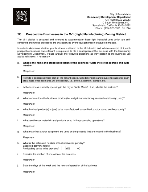 First page of the M-1 Zone Business Description Form