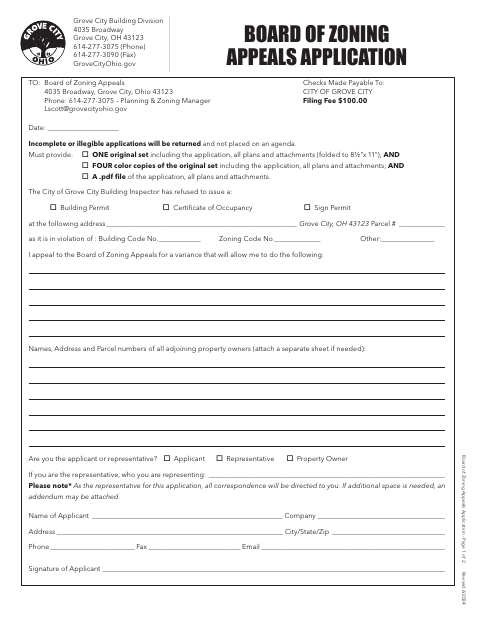 First page of the Board of Zoning Appeals Application