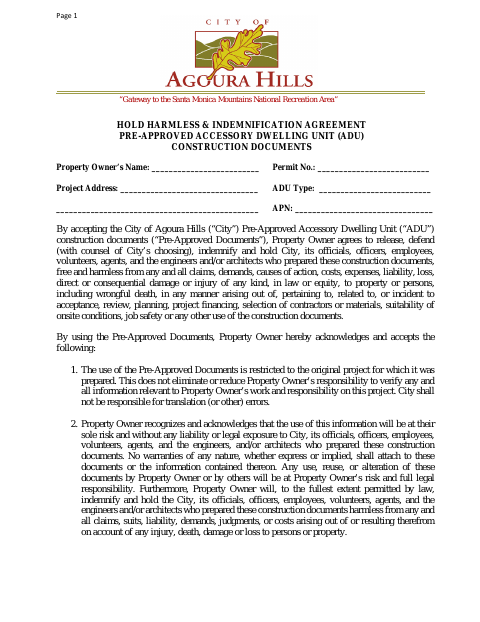 First page of the Hold Harmless & Indemnification Agreement – Pre-Approved ADU