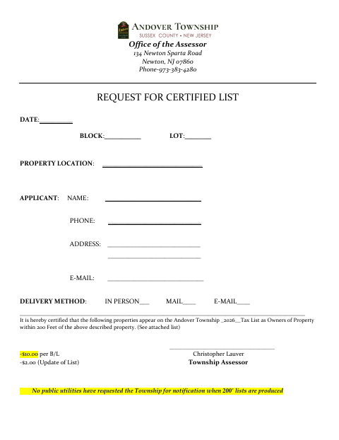 First page of the Request for Certified List