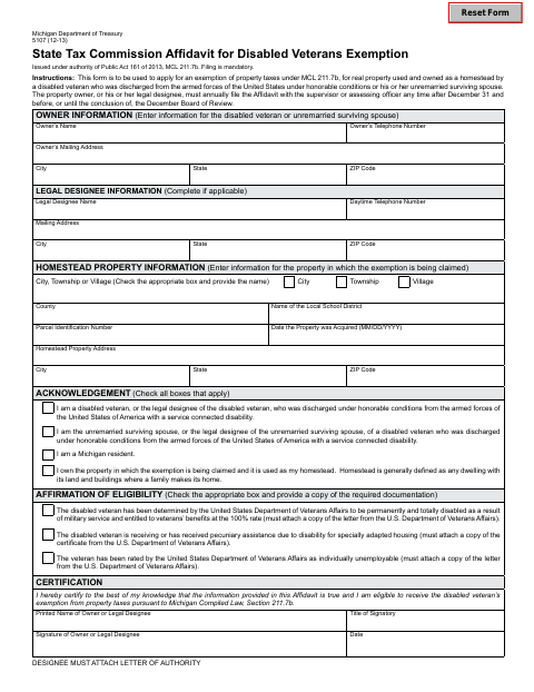 First page of the Affidavit for Disabled Veterans Exemption