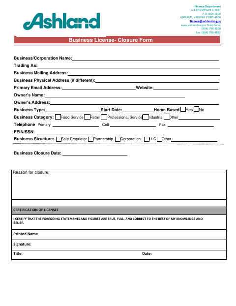 First page of the Business License Closure Form