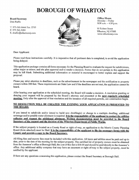 First page of the Planning Board Application