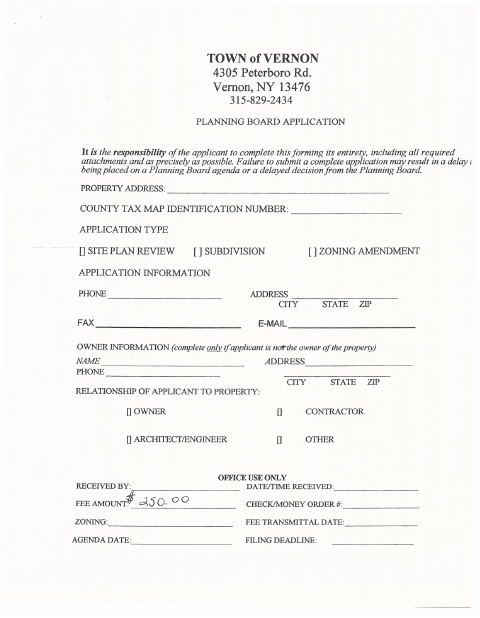 First page of the Planning Board Application