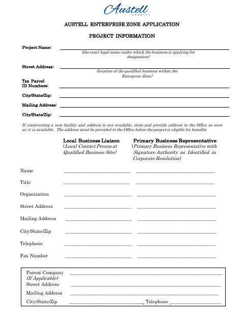 First page of the Enterprise Zone Application and Project Information
